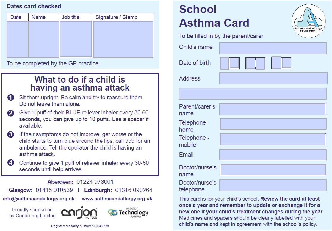 School asthma card